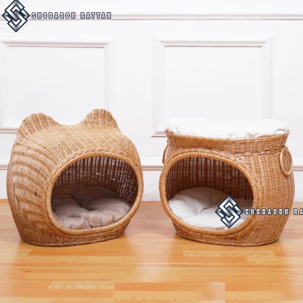 Tempat Tidur Kucing Anjing Rotan / Rumah Kucing Tingkat Rotan Hewan Peliharaan AST