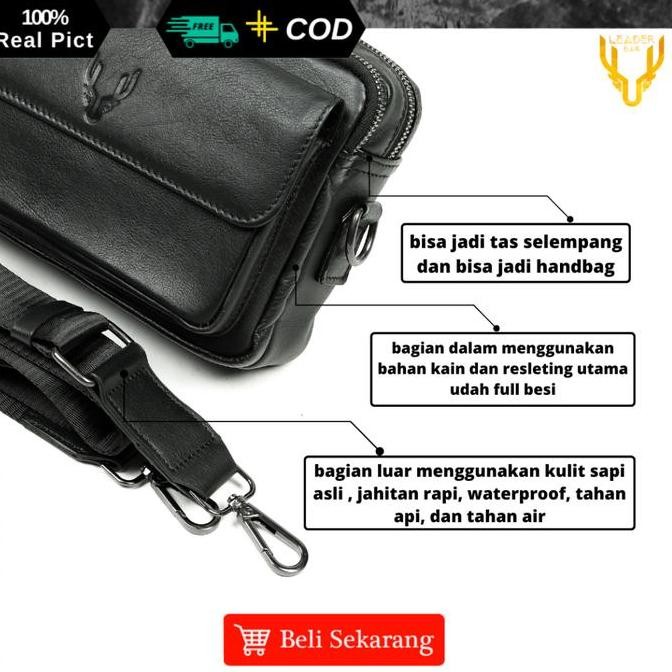 Tas Selempang Pria Kulit Sapi Asli Leaderbag Terbaru Hitam Waterproof Handbag Cowok Keren Branded Pr
