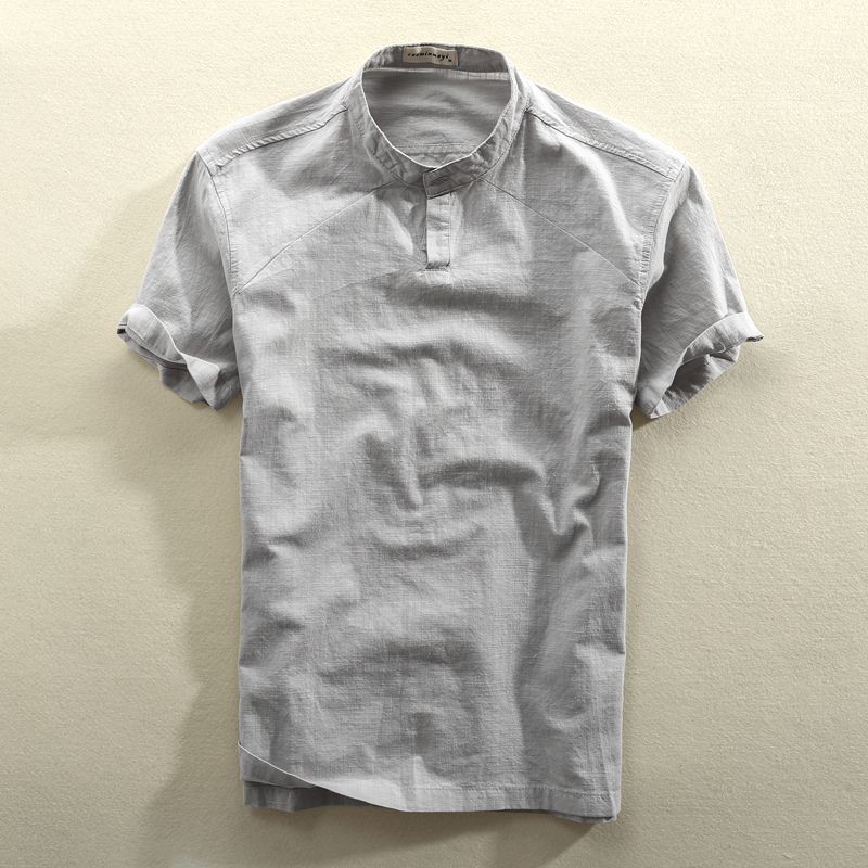 Kemeja Linen Lengan Pendek Kerah Berdiri Pria Pullover Tipis Bernapas Santai Longgar Kemeja Katun Li