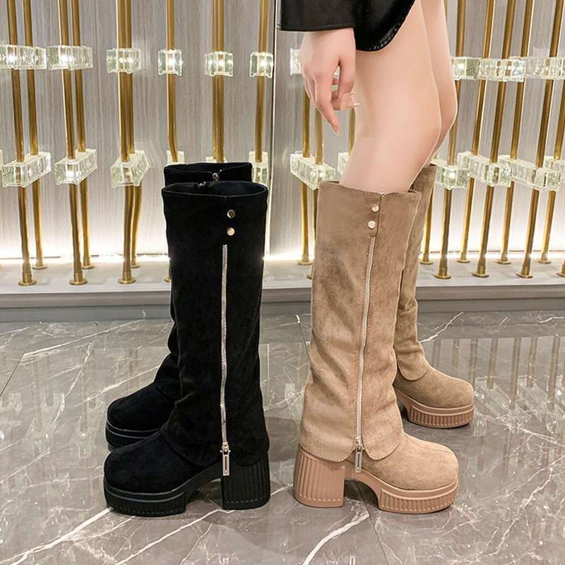New Style Female Knight Long Boots Retro Melard Suede Chunky Heel Western Boots