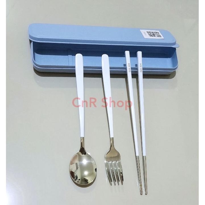 sendok korea set garpu sumpit stainless sus 304 warna putih pink hitam u box jerami