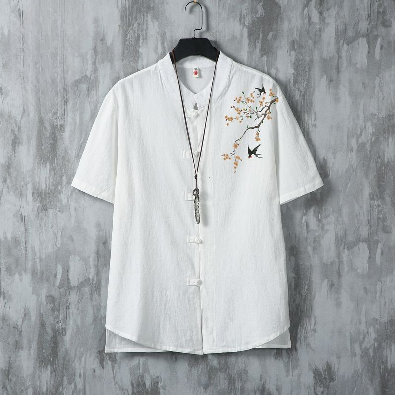 Kemeja Longgar Lengan Pendek Linen Gaya Cina Pria