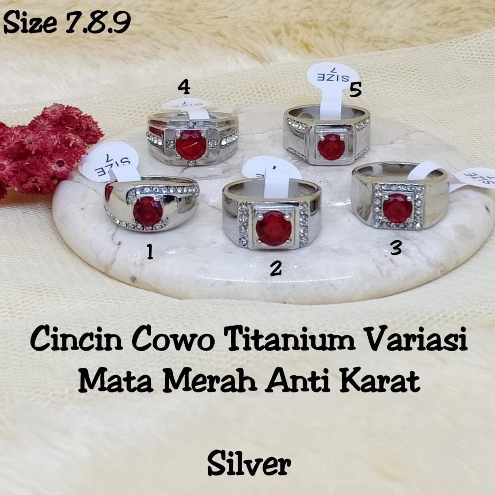 Cincin Titanium Batu Zircon Merah Pria Cowok Silver Anti-Karat Super Keren Stainless Steel Casual Ke