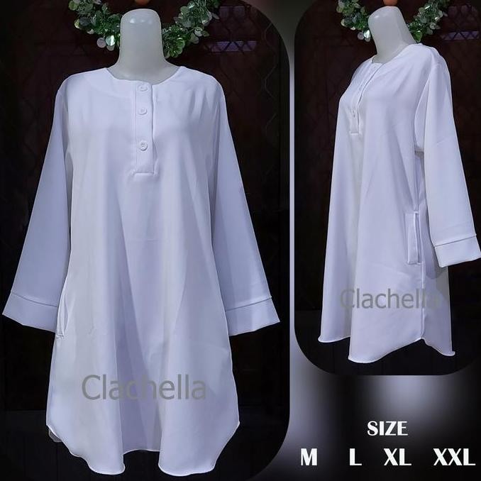 Clachella Baju Tunik Putih Motif Polos, Baju Atasan Wanita Kasual