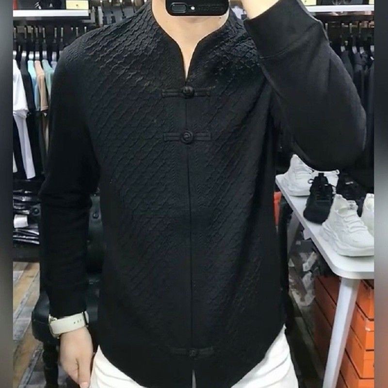 Setelan Tang Slim Fit Gaya Cina Baru Pria/Lapisan Dasar Gesper T Baju Kaos