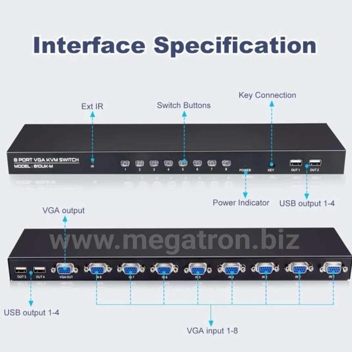 Kvm Vga & Usb Switcher 8 Input - 1 Output (8X1) - Support 3 Port Usb New Stok