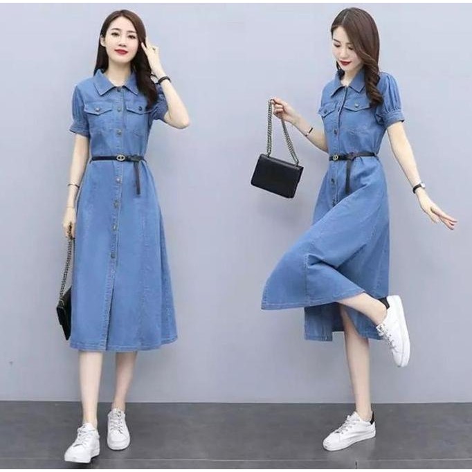 DRESS JEANS WANITA LENGAN PENDEK / LONG TUNIK JEANS WANITA LENGAN PENDEK ( FREE BELT ) Casual Baju P