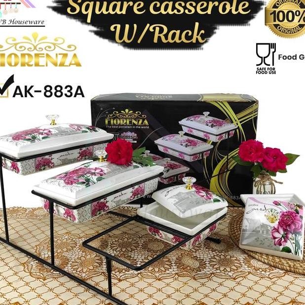 Fiorenza Prasmanan Susun Isi 4 Keramik Motif Rose Wadah Saji Makanan Basi Casserole With Ra Ak883A