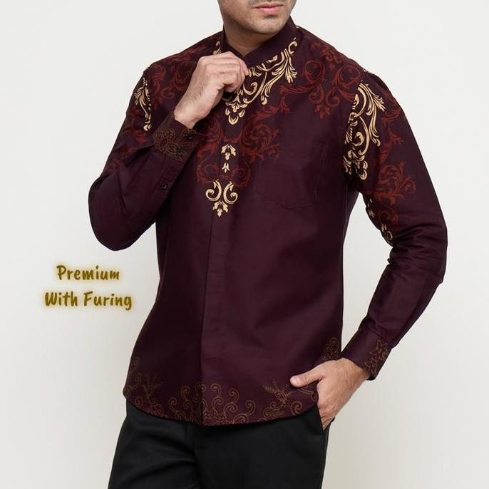 Baju Koko Muslim Kemeja Batik Pria Lengan Panjang Slim Fit Furing Premium Burgundy Hem Lebaran Kerah