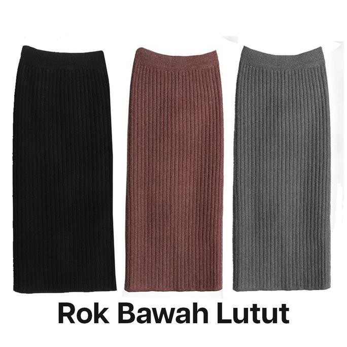 ROK SPAN BAWAH LUTUT/BETIS MIDI RAJUT TEBAL ROK HITAM COKLAT WANITA ROK BAWAH LUTUT