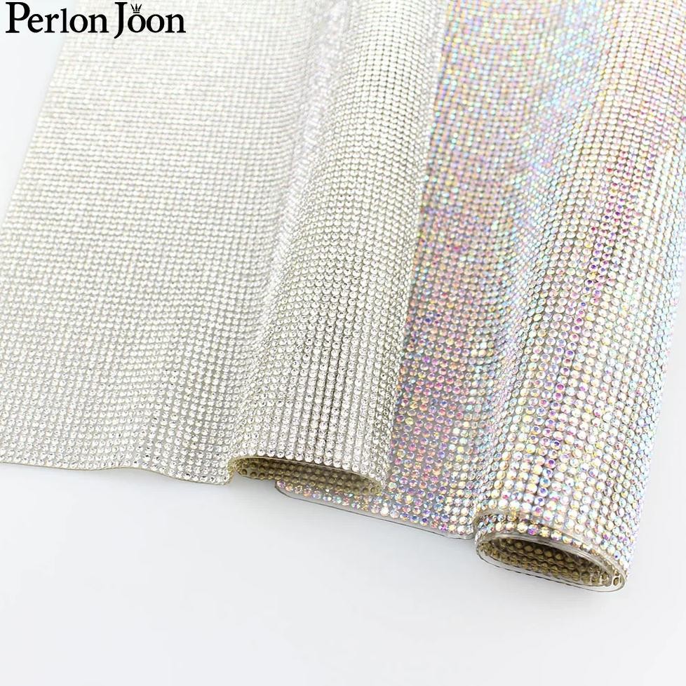 

24*40Cm Glitter Glass Ab Rhinestone Mesh Trim Hotfix Crystal Fabric Sheets Strass Cut Ribbon Applique For Dress Crafts Tr069