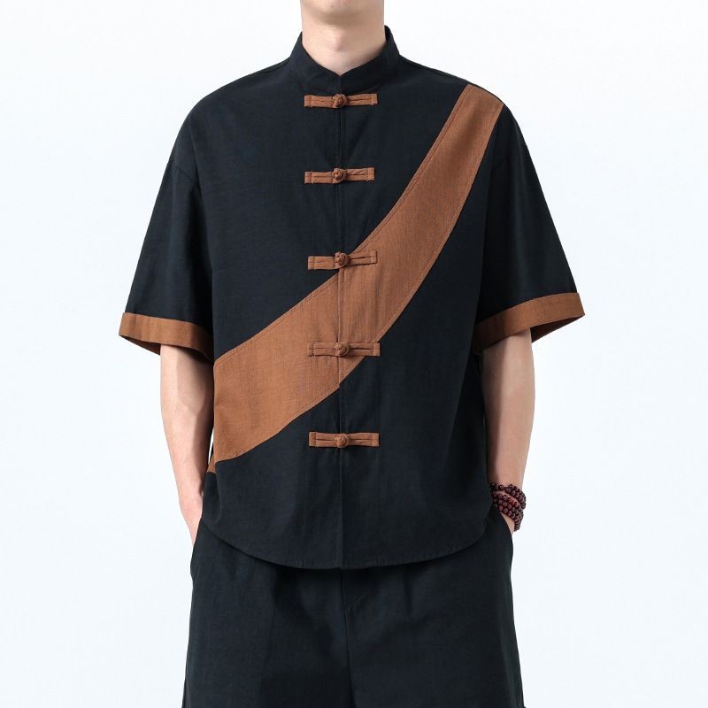 Setelan Tang Lengan Pendek Pria Katun Linen Retro Hanfu Kemeja Trendy