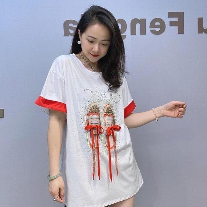 Kaos Premium Motif Sepatu Mute/Mutiara Timbul Baju Wanita Atasan Pita Oversize