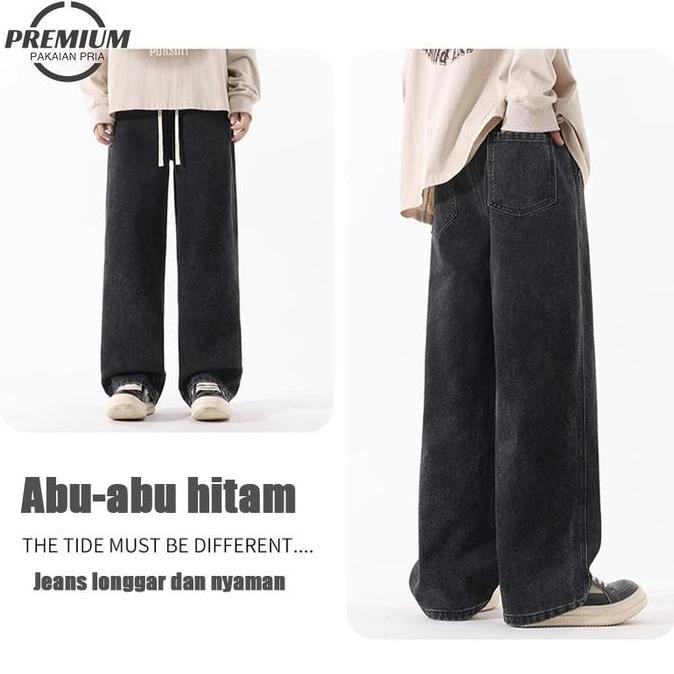 Baggy Jeans Unisex Celana Jeans Kulot Celana Gombrong Cowok Pinggang Elastis Celana Jeans Panjang Pr