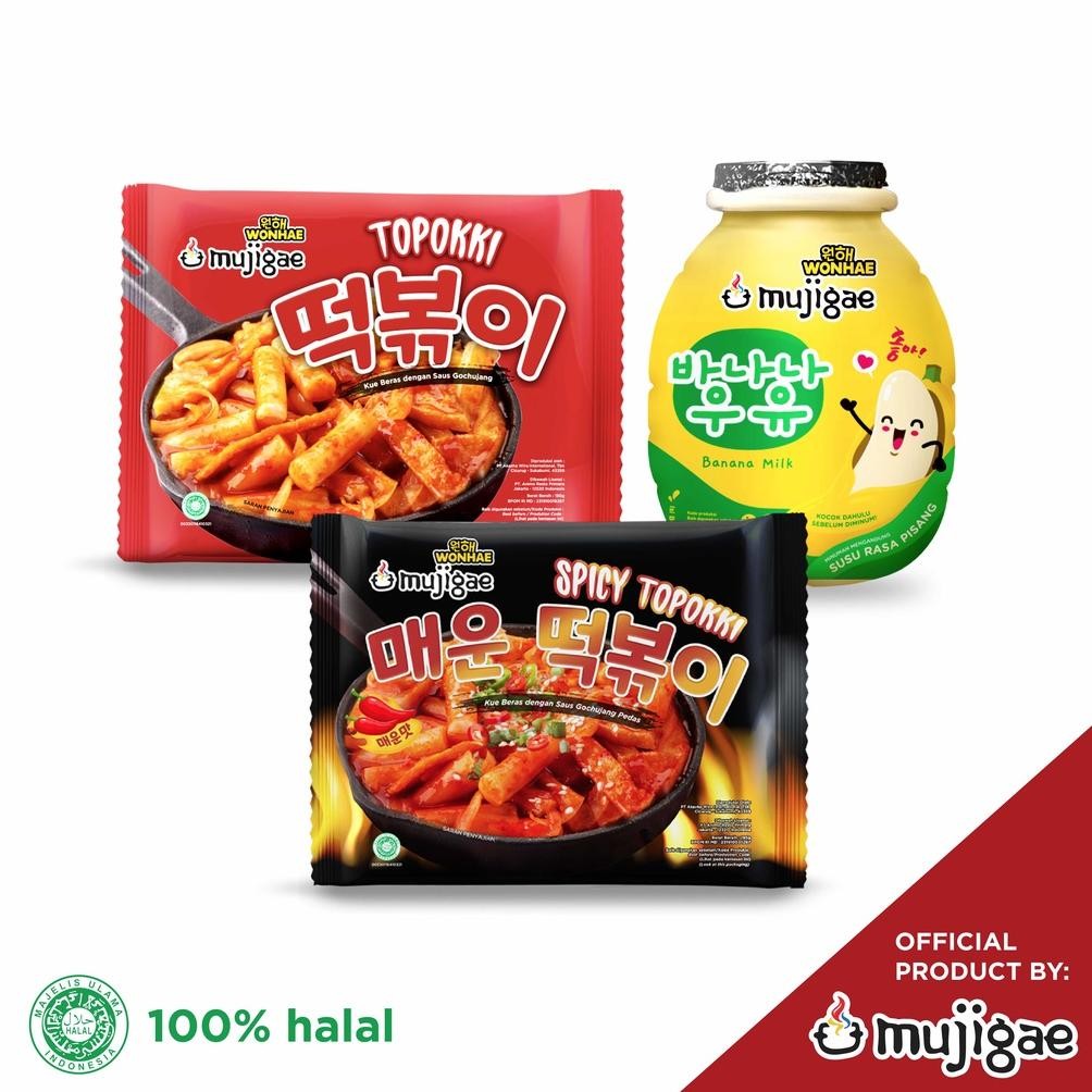

TERMURAH BUNDLE - Mujigae by Wonhae Topokki 170 gr, Mujigae Spicy Topokki 195 gr dan Mujigae Banana Milk Original 250 mL Siap kirim