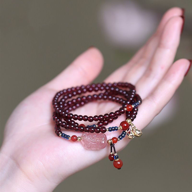 Natural Garnet Pixiu Bracelet for Women Wine Red Multi-layer Beaded Bracelet