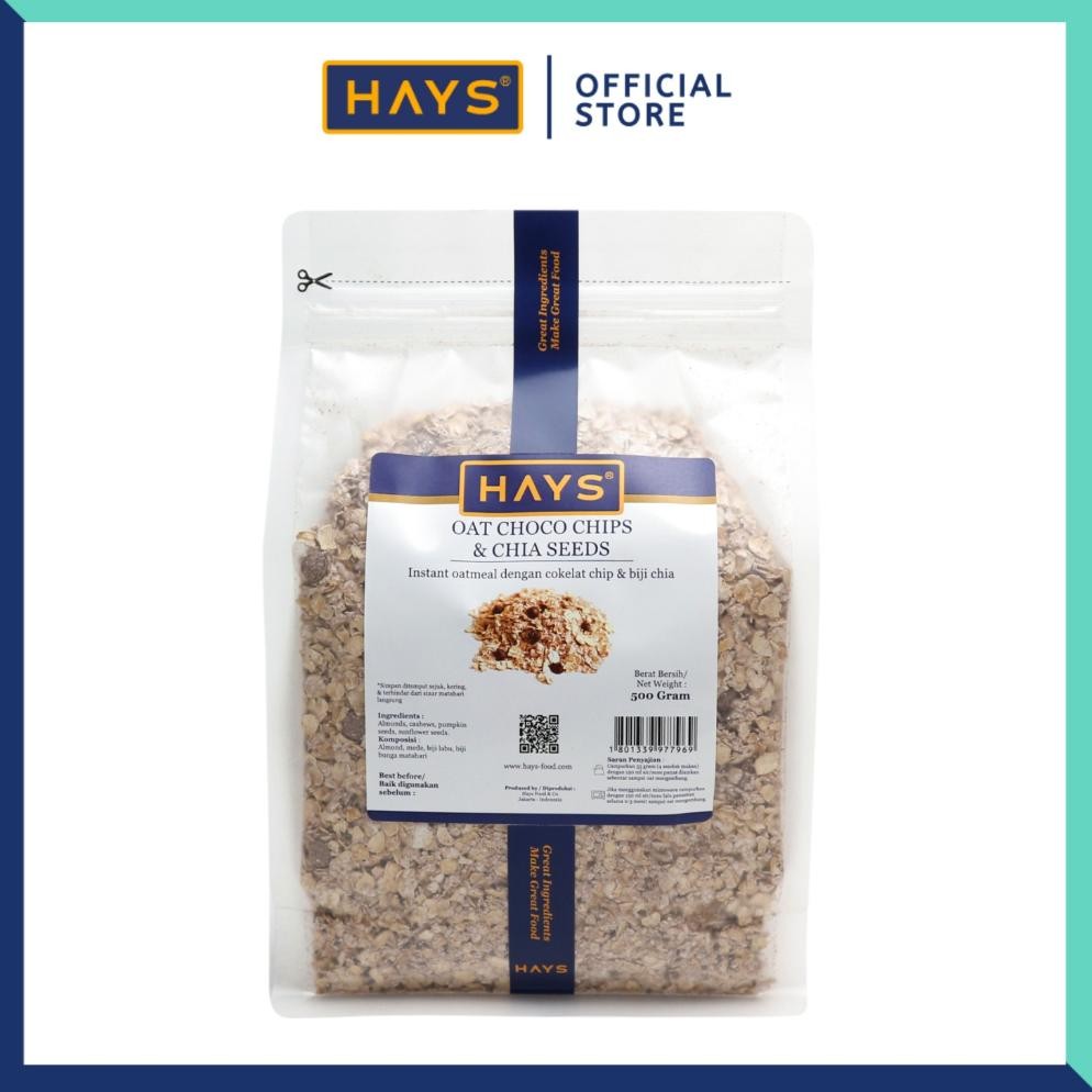 

Oatmeal Choco Chips & Chia Seed 500 GRAM / Oat Choco Chips & Chia Seed / Instant Oatmeal Dengan Choco Chips Dan Chia Seed HAYS