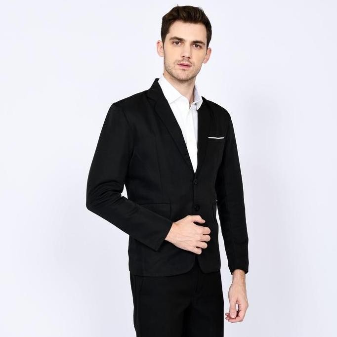 Jas Blazer Pria Formal Slim Fit Hitam List Putih Co