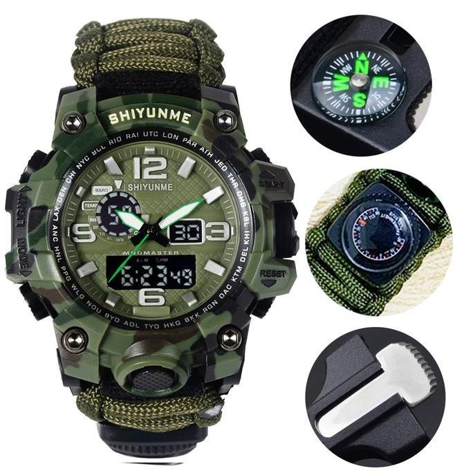 SHIYUNME Jam Tangan Pria Multifungsi Tahan Air Taktis Militer Paracord Jam Tangan Kompas Termometer 