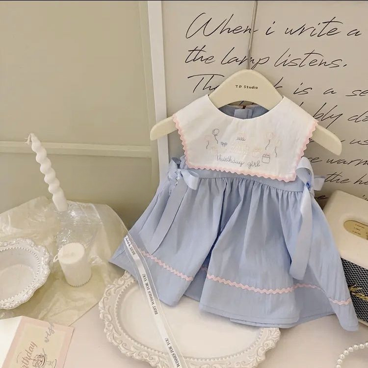 [COD]Gaun Anak Perempuan Gaun Bordir Tebal Biru Gaun Rompi Babydoll Kerah Biru Dongker