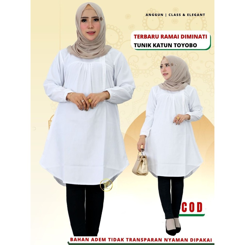 Baju Atasan Tunic Tunik Polos Wanita Dewasa Santri Putri Kekinian Bahan Katun Toyobo Warna Putih F8