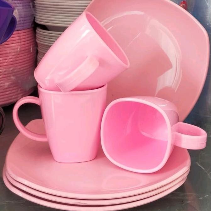 PROMO 6PCS PERALATAN MAKAN 1 SET PIRING DAN GELAS BAHAN MELAMIN rounded uni pink TM