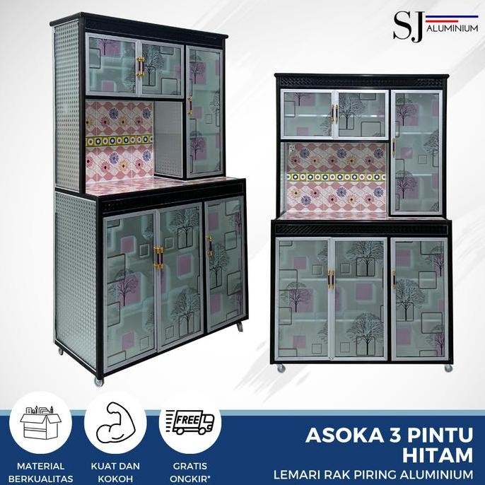 Rak Piring Lemari Dapur Kaca Aluminium - Asoka 3 Pintu Hitam