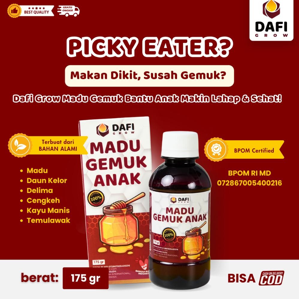 

(Terbaru) DAFI GROW - Madu Penggemuk Anak Multivitamin Nafsu Makan, Rasa Enak untuk Anak GTM Penambah Nafsu Makan, Manis Herbal Alami Tanpa Pengawet, Vitamin Anak Sehat Cerdas dan Meningkatkan Daya Tahan Tubuh Anak (Terlaris)