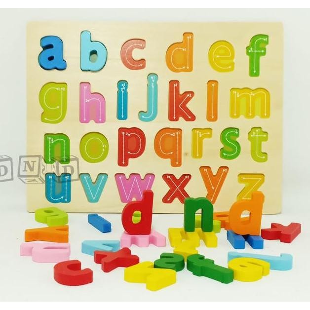 Mainan Edukasi Anak Puzzle Kayu Chunky Huruf Kecil Garis Abjad
