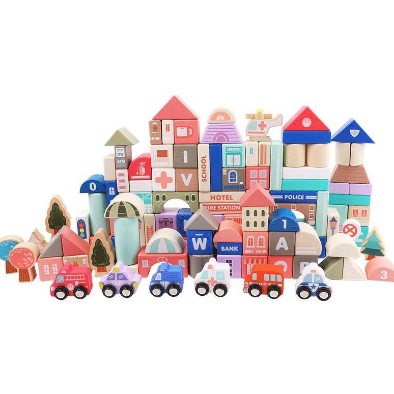 MAINAN EDUKASI BALOK PERKOTAAN DAN LALULINTAS / BANGUNAN BALOK KAYU TOSCA / Puzzle Balok Perkotaan