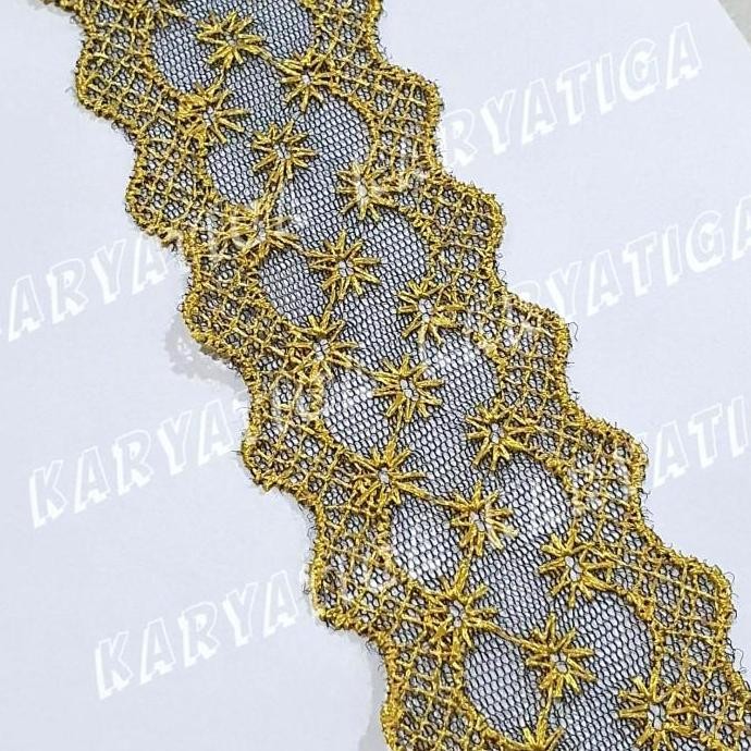 

~@~@~@~@] Renda Nilon Tengah Motif Ombak Lebar 4.2 cm - Hitam Emas (16 yard)