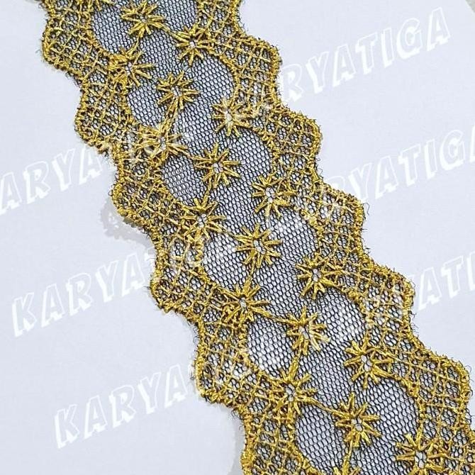 

~~~~~] Renda Nilon Tengah Motif Ombak Lebar 4.2 cm - Hitam Emas (16 yard)