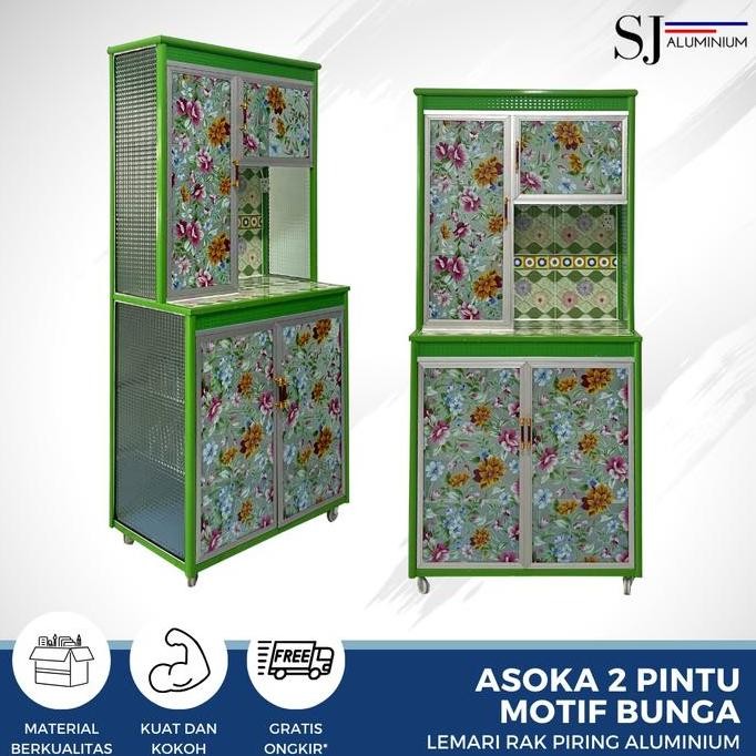 PROMO Rak Piring Lemari Dapur Kaca Aluminium - Asoka 2 Pintu Motif Bunga