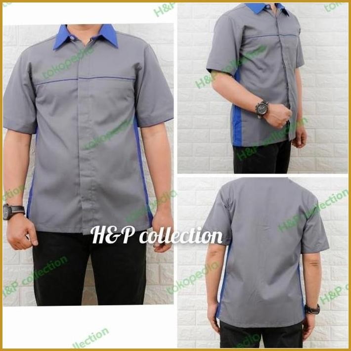 KEMEJA SERAGAM KERJA ABU POLOS COMBI BIRU.