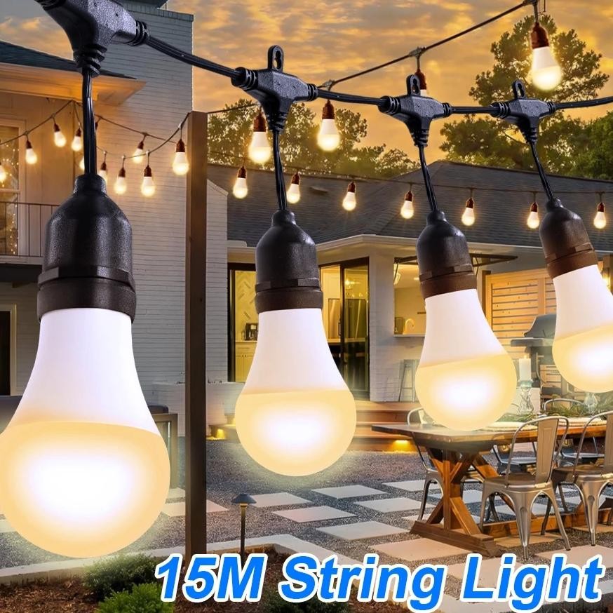 15 Meter Lampu Gantung Outdoor LED Kuning Lampu Bola Komplit Lampu Hias Lampu Cafe Outdoor Gantung