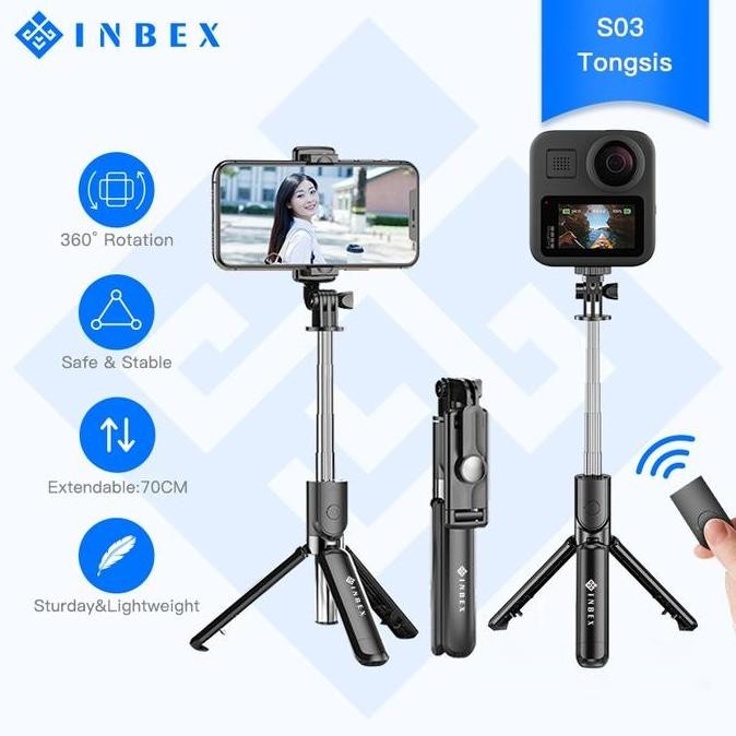 INBEX S03S Tongsis Bluetooth Led Selfie Stick Remote Bright Tripod