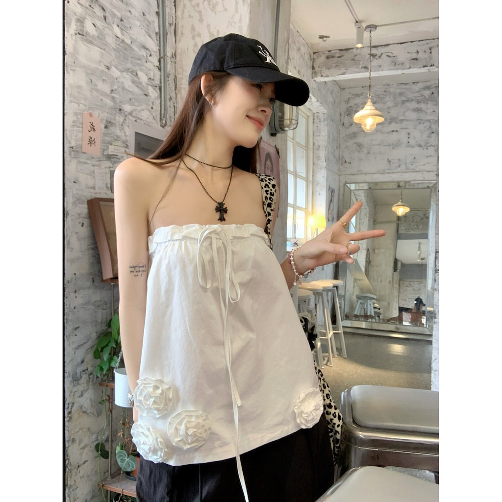 [Cream Winnie] Rompi tabung bunga putih gaya Korea dengan pita