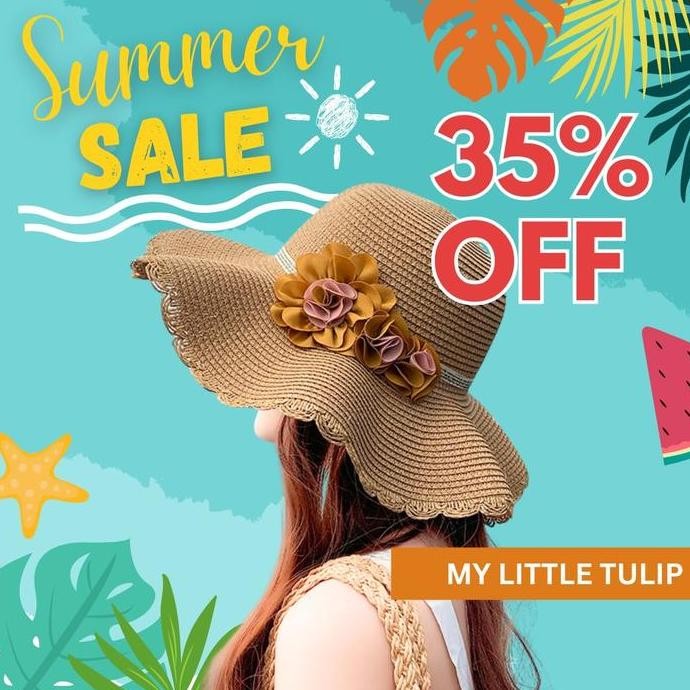 Topi Jerami Wanita Bergelombang / Topi Pantai Cantik Bunga Pink Khaki