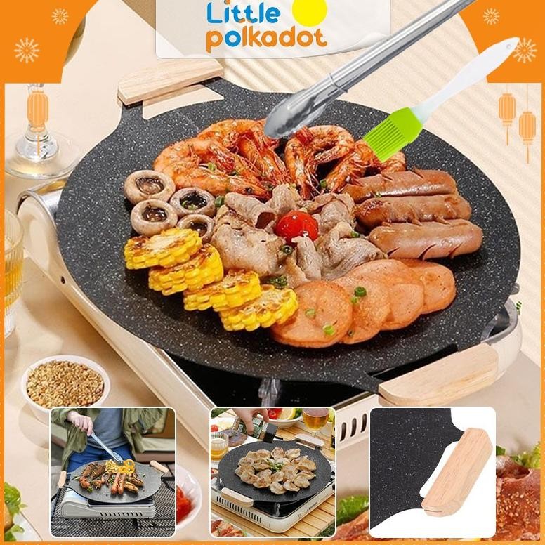 Bisa Cod LittlepolkadotPromotion Wooden Handle Alat Panggangan Bbq Grill Pan Korean Wajan Bulat Anti