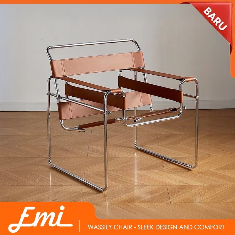 Wassily Chair Kursi Kulit Vintage Leisure Stainless Steel Folded Leather Estetik Minimalis (Brown)