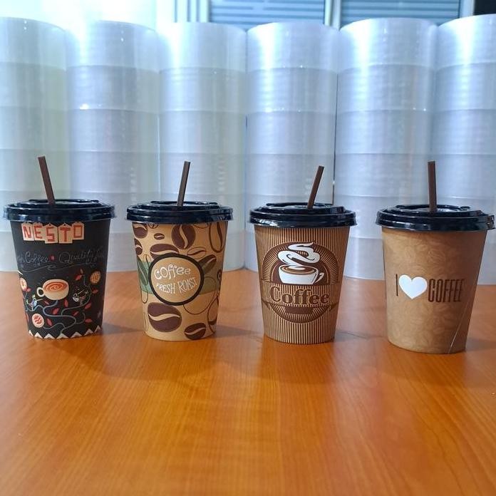 Recomended Gelas Kertas Kopi / Paper Cup Motif Coffee 8 0Z + Tutup + Sedotan