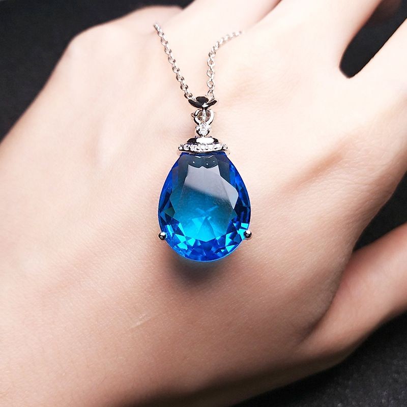 Liontin Bentuk Tetes Air Batu Kristal Aquamarine Kalung Bentuk Telur Angsa Wanita Batu Permata Biru 