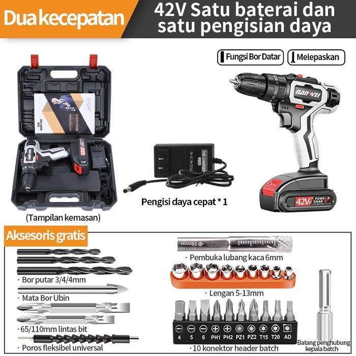 FMT Bor Listrik Bor Tanpa kabel 42V NANWEI Set Lengkap Mata Bor Cordless