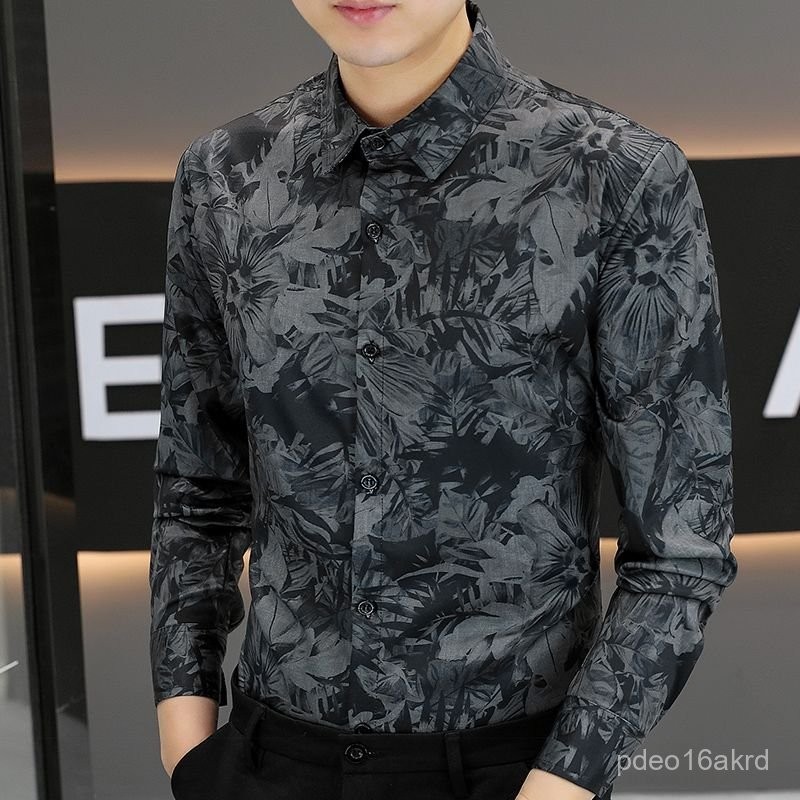Kemeja Pria Floral Lengan Panjang Bisnis Fashion  Versi Korea Bergaya Atasan Fashion Pria
