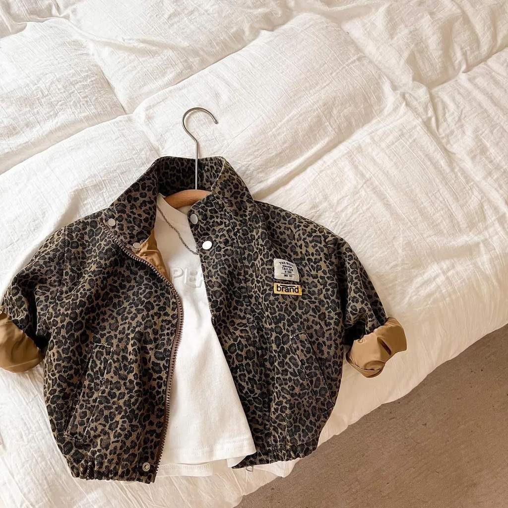 Jaket Anak Laki-Laki Cetakan Macan Tutul Pakaian Luar Jaket Gaya Korea