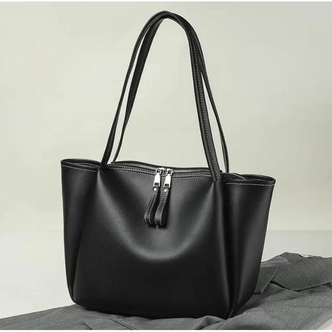 DT100 }} Tas Bahu Wanita Totebag Polos Hitam untuk Kuliah - Kulit Cewek Perempuan