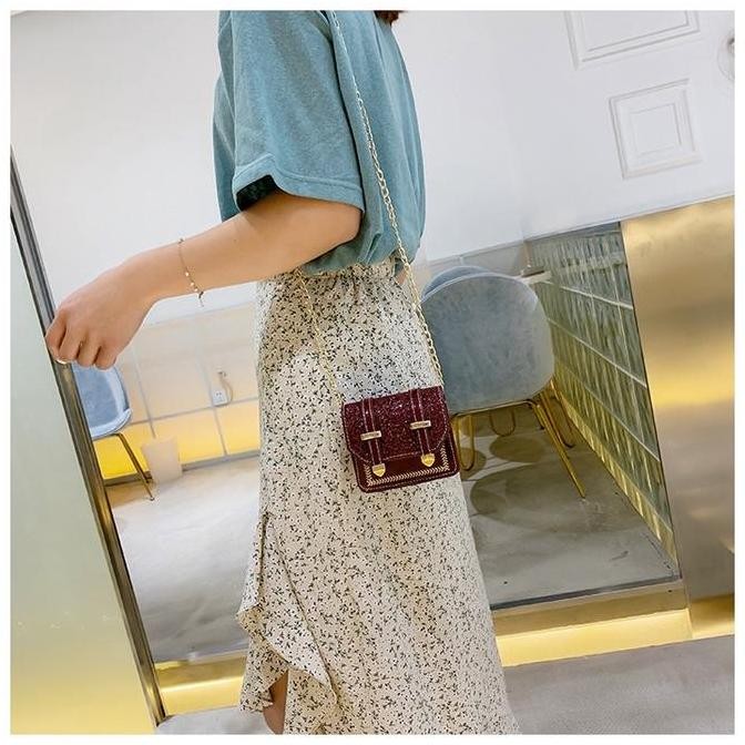 DY7 - BAO060 Tas Selempang Wanita Rantai Mini Berpayet Kulit Satu Bahu Tas Persegi Kecil/Shoulder Ba