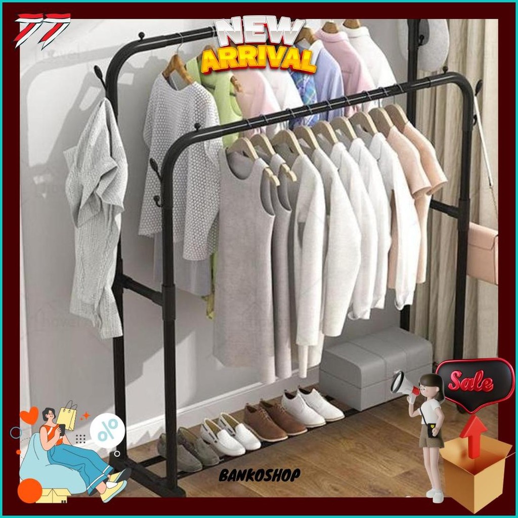 Stand Hanger Gawang Besi Kuat Putih Hitam Butik Display Gawangan Gantungan Baju Cod