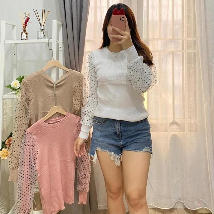 GLIVEO (COD) - BLOUSE LENGAN BALON TILE POLKA KECIL RAJUT IMPORT / ATASAN RAJUT LENGAN PANJANG/ BLUS