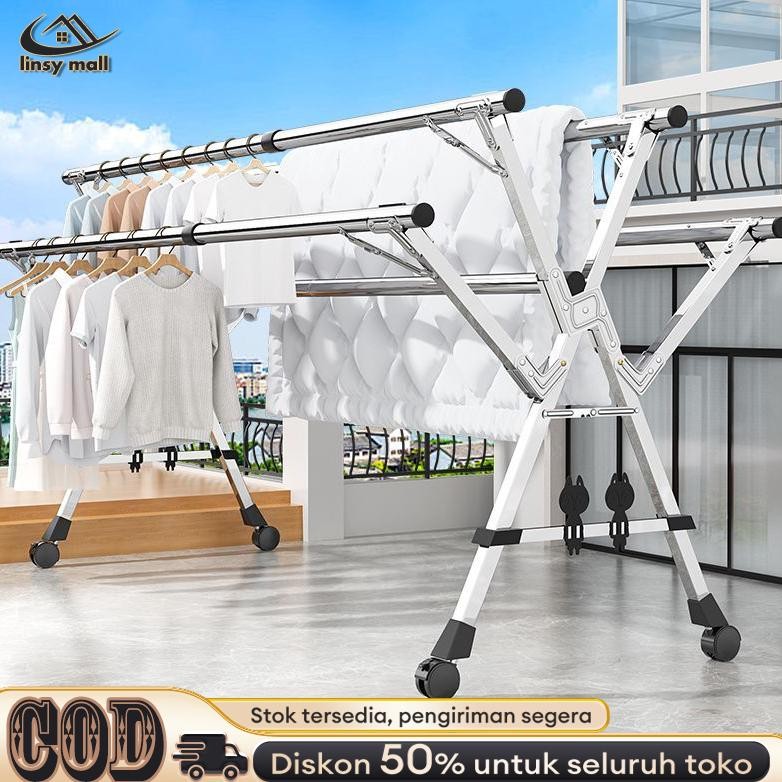 Jemuran Baju Lipat 5 Tiang Dengan Roda Jemuran Baju Lipat Stainless Steel Jemuran Pakaian